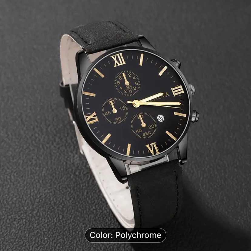 Black And Gold Watch With Leather Straps Men Watch Black And Gold Watch With Leather Straps Men Watch
